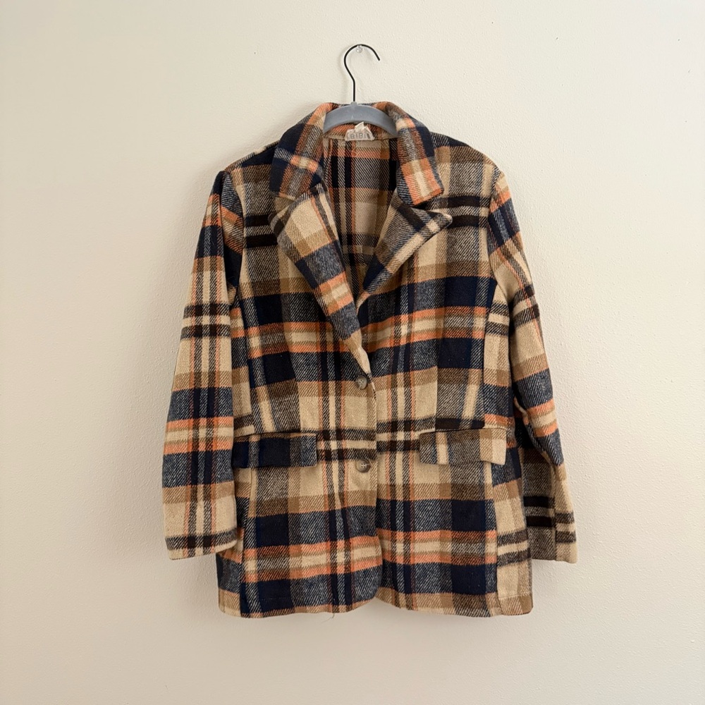 BIBI Plaid Button Front Jacket Coat Small Neutral Tan Navy